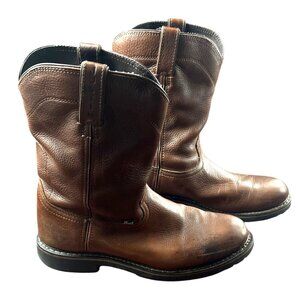 Justin Mens 10.5D Leather Pull-On Work Boots WX4920 Non-Marking Outsole Brown Du